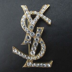 YVES SAINT LAURENT Vintage Cassandra Logo Rhinestone Brooch, Gold, Women's